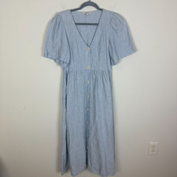 Madewell Cassie Button Front Midi Dress Linen S Coastal Boho Minimalist Blue - Picture 2 of 14